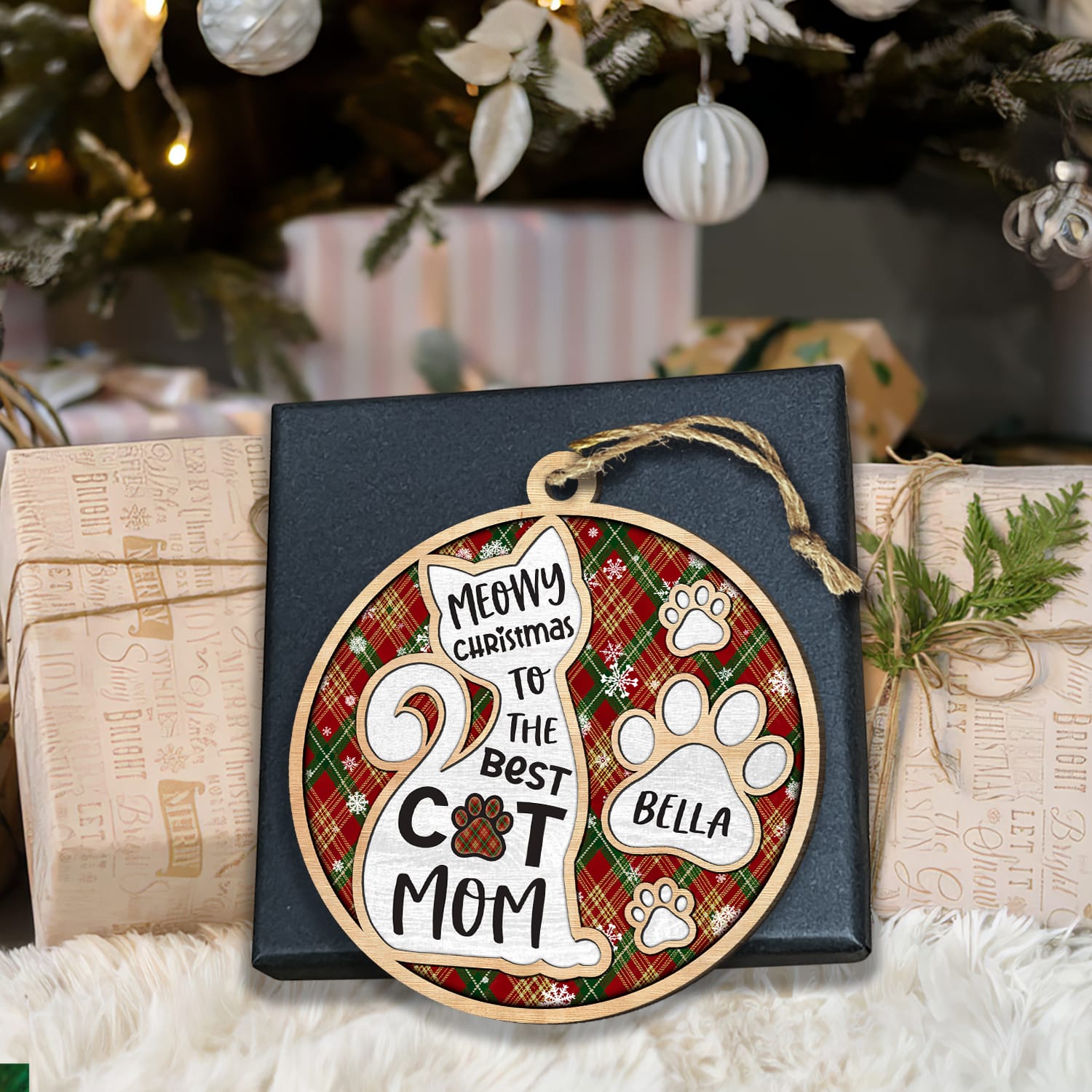 Christmas Cat Mom Gifts Personalized 2-Layered Wooden Ornament