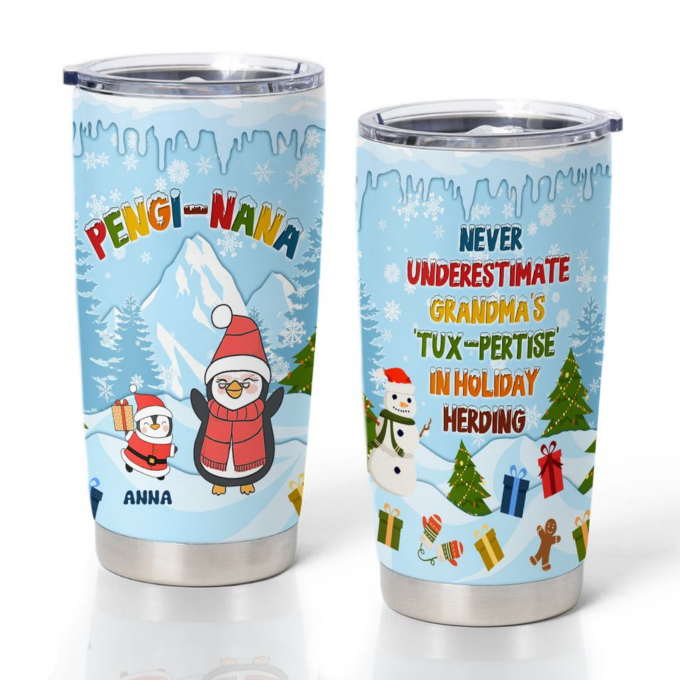 Personalized Grandma Christmas Tumbler Penguin Family Holiday Gift