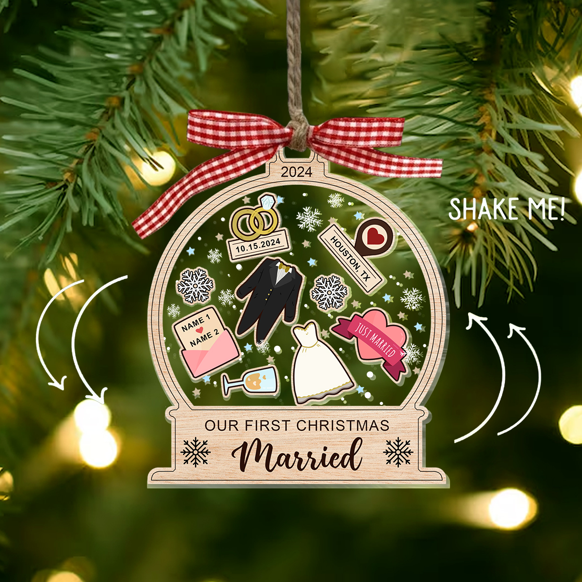 thumbnail interactive-video image 1 of Personalized Acrylic Engagement Ornament: Our First Christmas, Wedding Keepsake 1 of 12