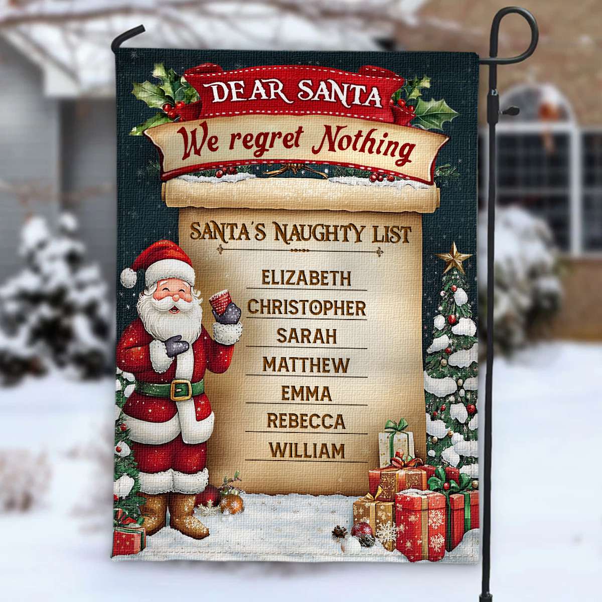 Funny Family Christmas Gifts Santa's Naughty List Garden Flag, image size:1200x1200
