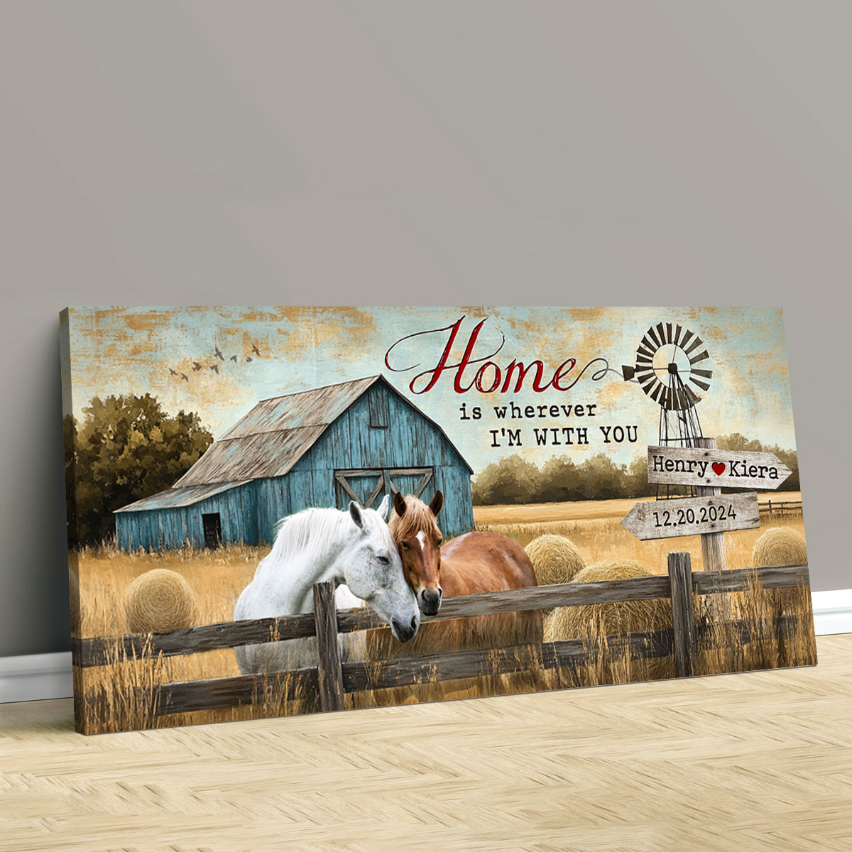 Personalized Gift For Couples Rustic Farmhouse With Barn And Horses Canvas  Wall Art, image size:1200x1200